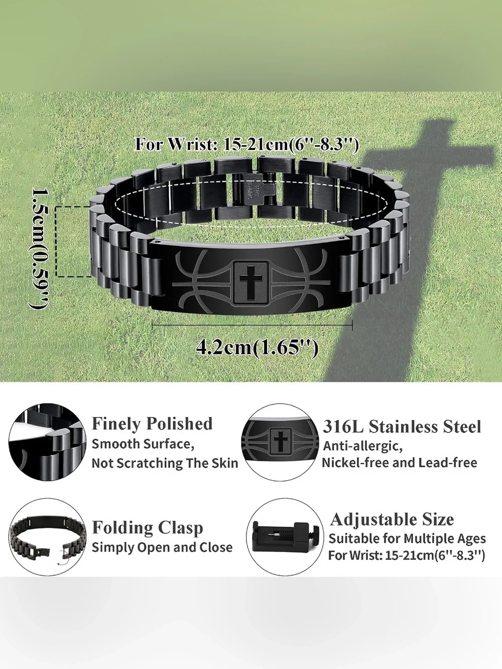 Fashion Jewelry Black Stainless Steel Cross Basketball Link Bracelet
